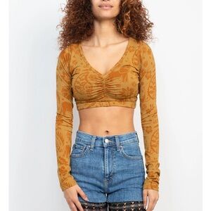 Floral Elephant Print Long Sleeve Crop Top - Brown